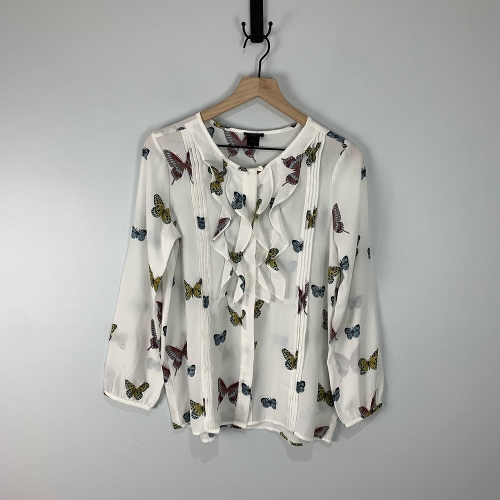 Ann Taylor White Ruffle Front Butterfly Blouse